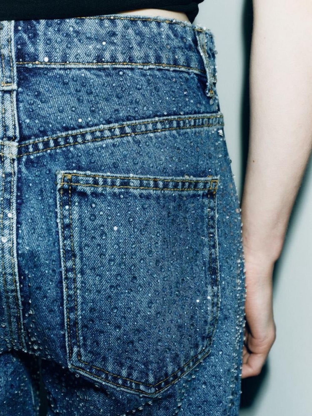 Zara Blue High-Rise Jeans with Crystal Embellishments